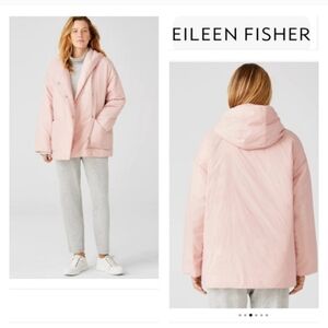 EILEEN FISHER Eggshell Recycled Nylon Hooded Coat Jacket In Powder Pink Sz L